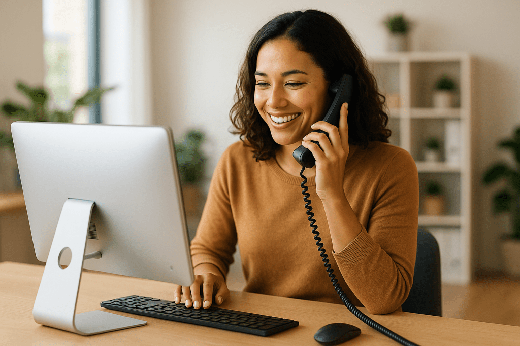 Woman sitting at a computer while talking on the phone in a home office setting.