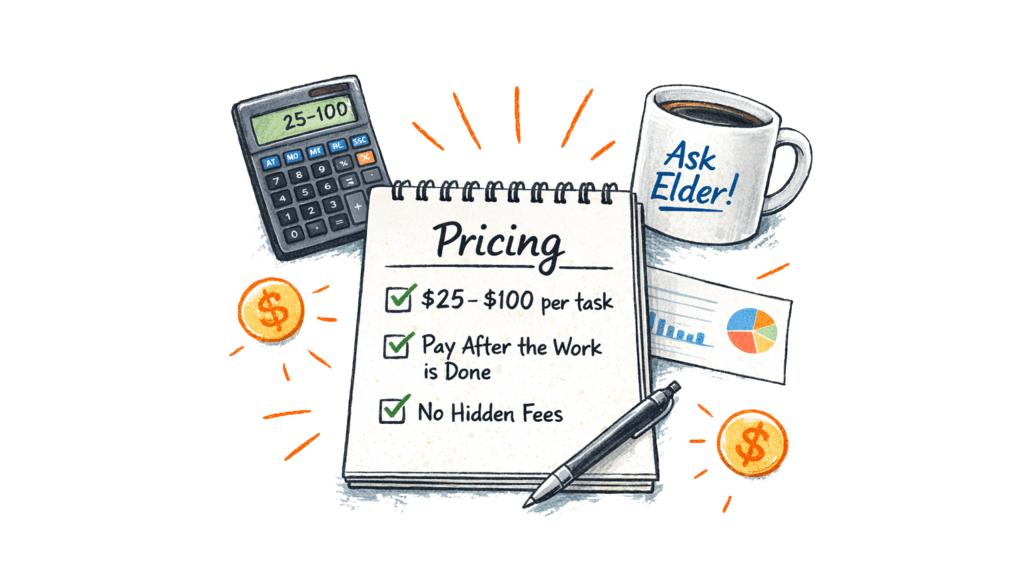 Hand‑drawn illustration of a notepad labeled “Pricing” with checkboxes, a calculator showing 25–100, and an Ask Elder coffee mug.